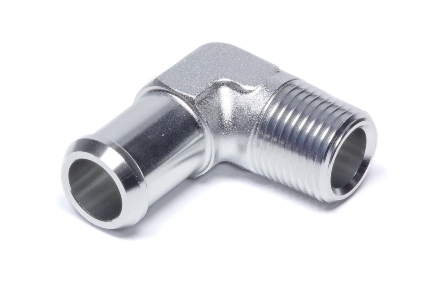Fitting - Hose End - 90 Degree - 1/2 in NPT to 3/4 in Hose Barb - Aluminum - Clear Anodized - Each