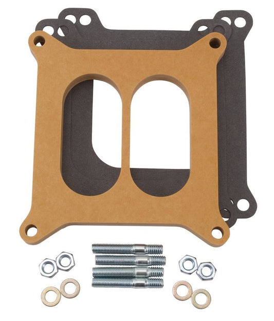 Carburetor Spacer - 0.5 in Thick - Divided Wall - Square Bore - Gaskets / Hardware Included - Wood - Natural - Each