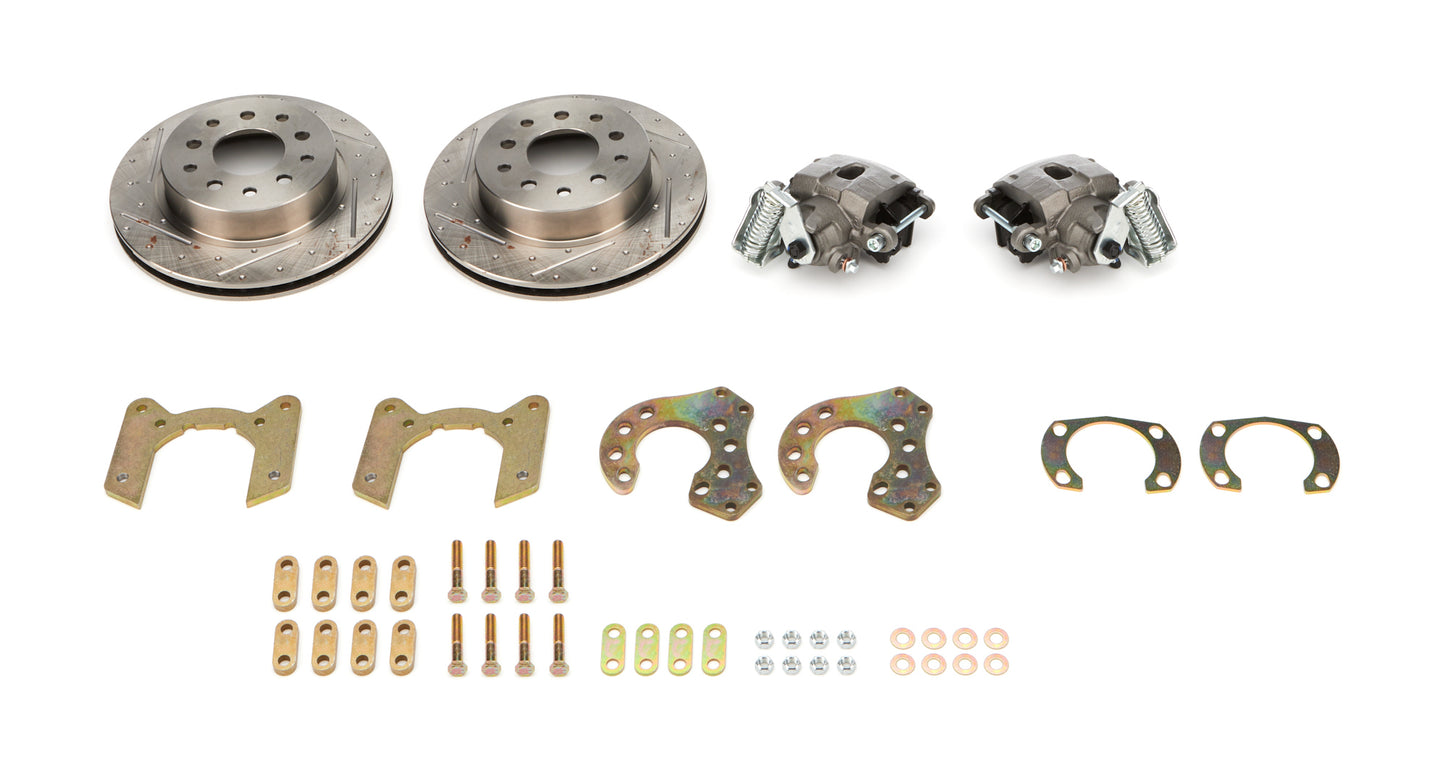 Brake System - Econo - Disc Conversion - Rear - 1 Piston Caliper - 11.25 in Slotted / Dimpled Iron Rotors - Mechanical E-Brake - Iron - Natural - GM Metric - Ford 9 in - Kit