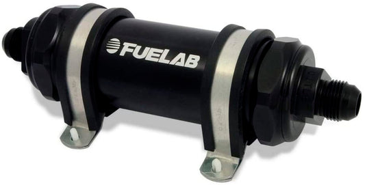 Fuel Filter - In-Line - 100 Micron - 5 in Stainless Element - 10 AN Male Inlet - 10 AN Male Outlet - Aluminum - Black Anodized - Each