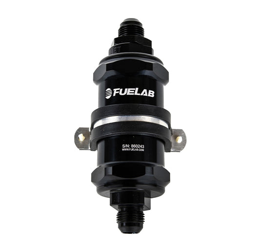 Fuel Filter - In-Line - 6 Micron - 3 in Microglass Element - 8 AN Male Inlet - 8 AN Male Outlet - Integrated Check Valve - Aluminum - Black Anodized - Each