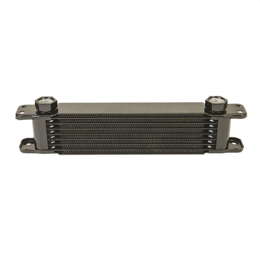 Fluid Cooler - 11 x 2.75 x 1.75 in - Plate Type - 7 Row - 10 AN Female O-Ring Inlet / Outlet - 10 AN Male Adapter - Fittings Included - Aluminum - Black Paint - Engine Oil - Each