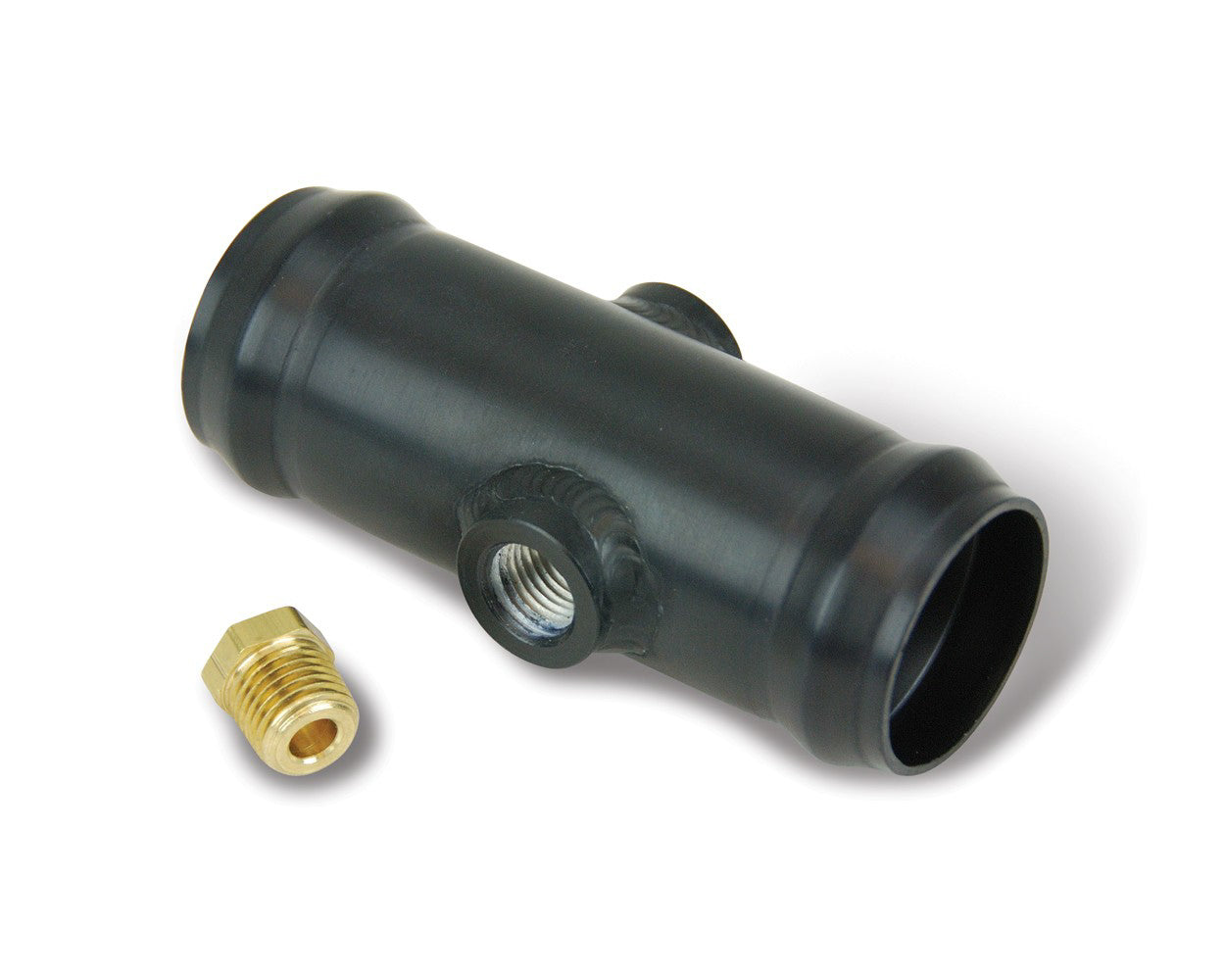 Water Temperature In-Line Hose Adapter - Two 1/4 in NPT Female Ports - Port Plug Included - Aluminum - Black Anodized - 1-3/4 in Radiator Hose - Kit