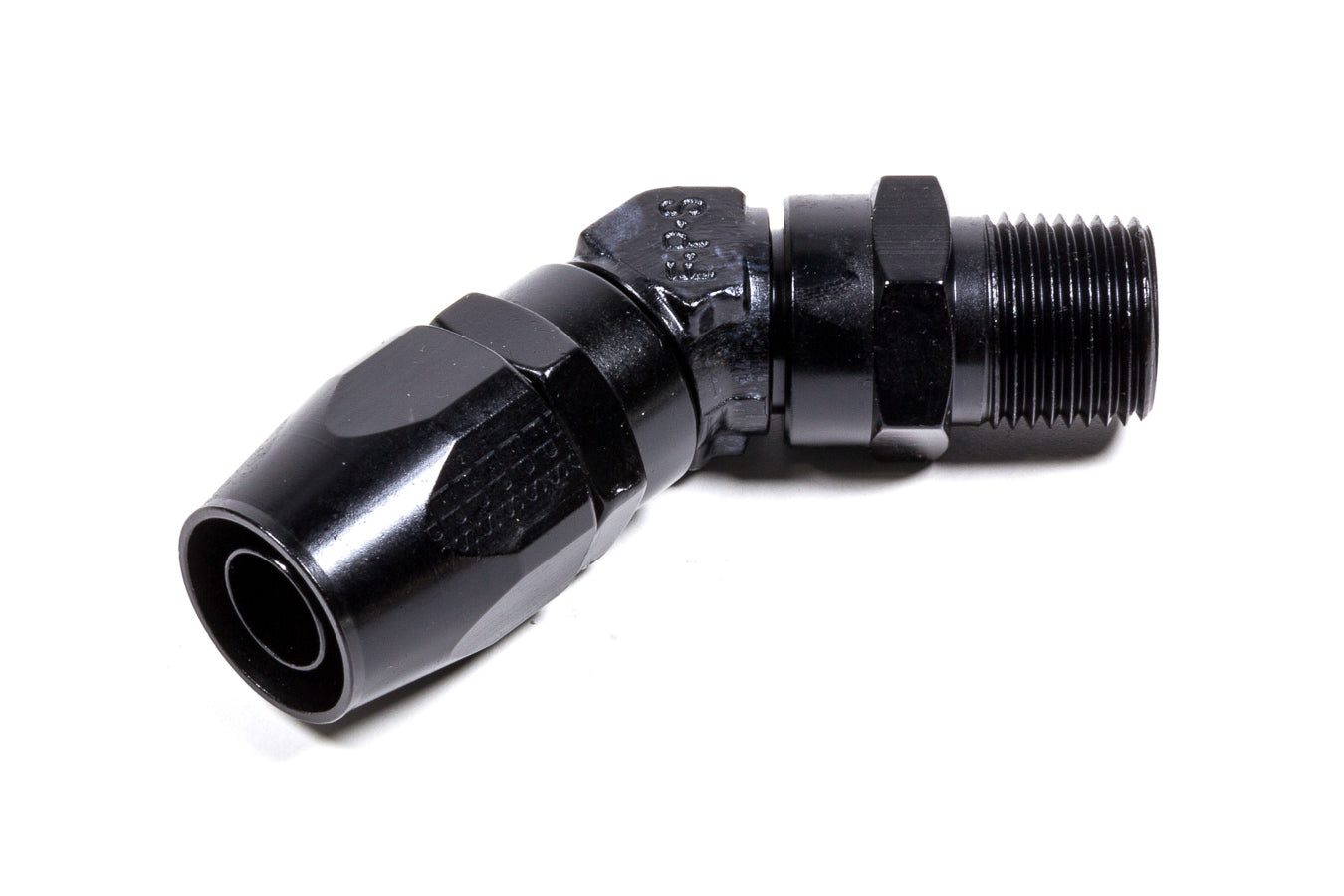 Fitting - Hose End - 3000 Series - Low Profile - 45 Degree - 10 AN Hose End to 1/2 in NPT Male - Aluminum - Black Anodized - Each