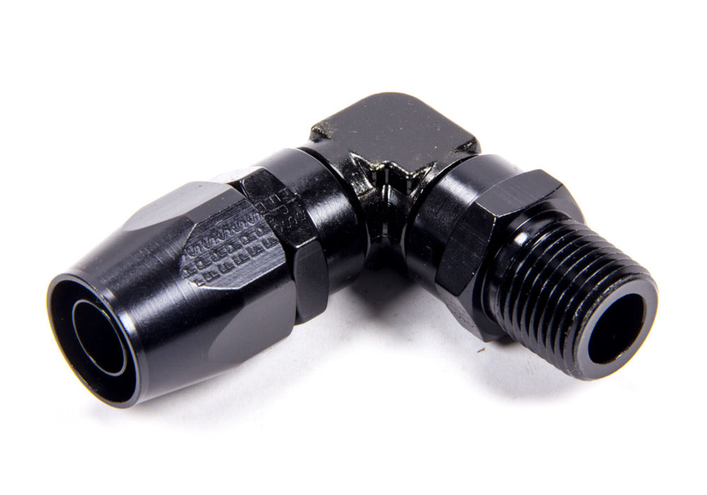 Fitting - Hose End - 90 Degree - 10 AN Hose to 3/8 in NPT Male Swivel - Aluminum - Black Anodized - Each