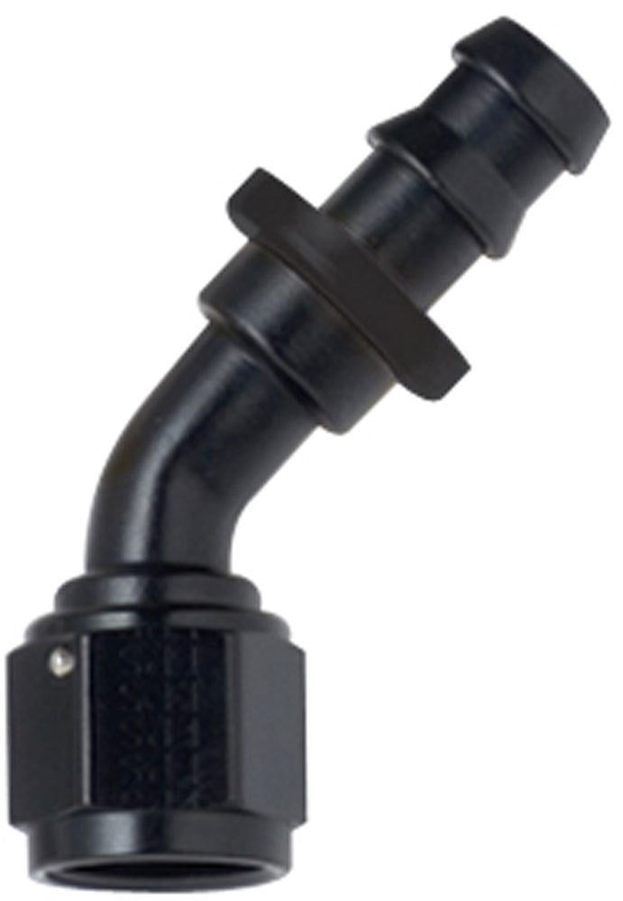 Fitting - Hose End - 8000 Series Push-Lite - 45 Degree - 10 AN Hose Barb to 10 AN Female - Aluminum - Black Anodized - Each