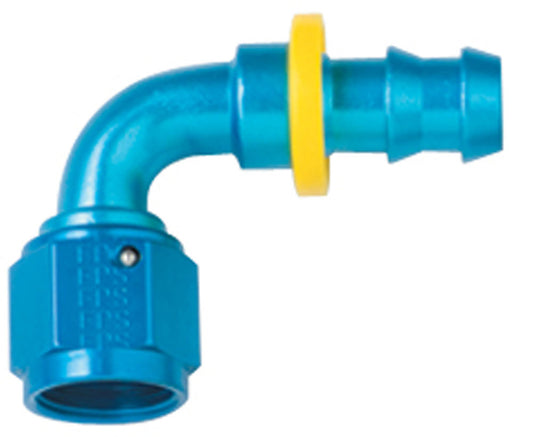 Fitting - Hose End - 8000 Series Push-Lite - 90 Degree - 10 AN Hose Barb to 10 AN Female - Aluminum - Blue Anodized - Each