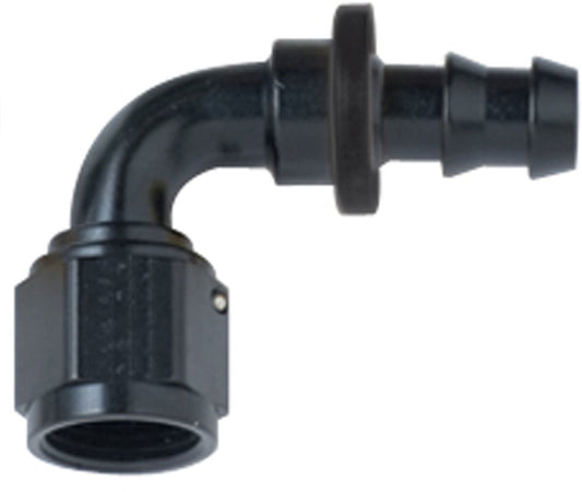 Fitting - Hose End - 8000 Series Push-Lite - 90 Degree - 12 AN Hose Barb to 12 AN Female - Aluminum - Black Anodized - Each