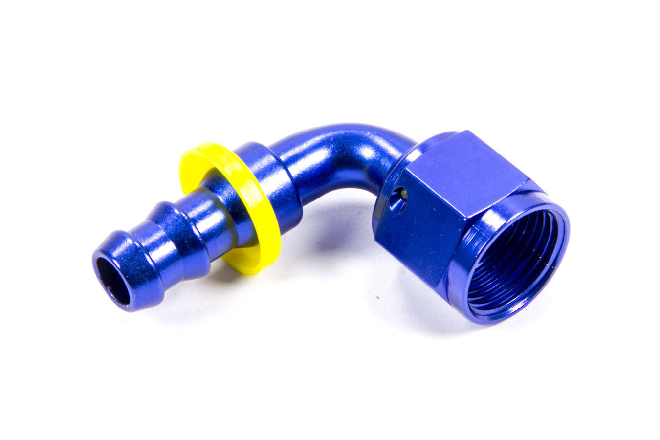Fitting - Hose End - 8000 Series Push-Lite - 90 Degree - 8 AN Hose Barb to 10 AN Female - Aluminum - Blue Anodized - Each