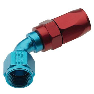 Fitting - Hose End - 2000 Series Pro-Flow - 45 Degree - 8 AN Hose to 10 AN Female - Swivel - Aluminum - Blue / Red Anodized - Each