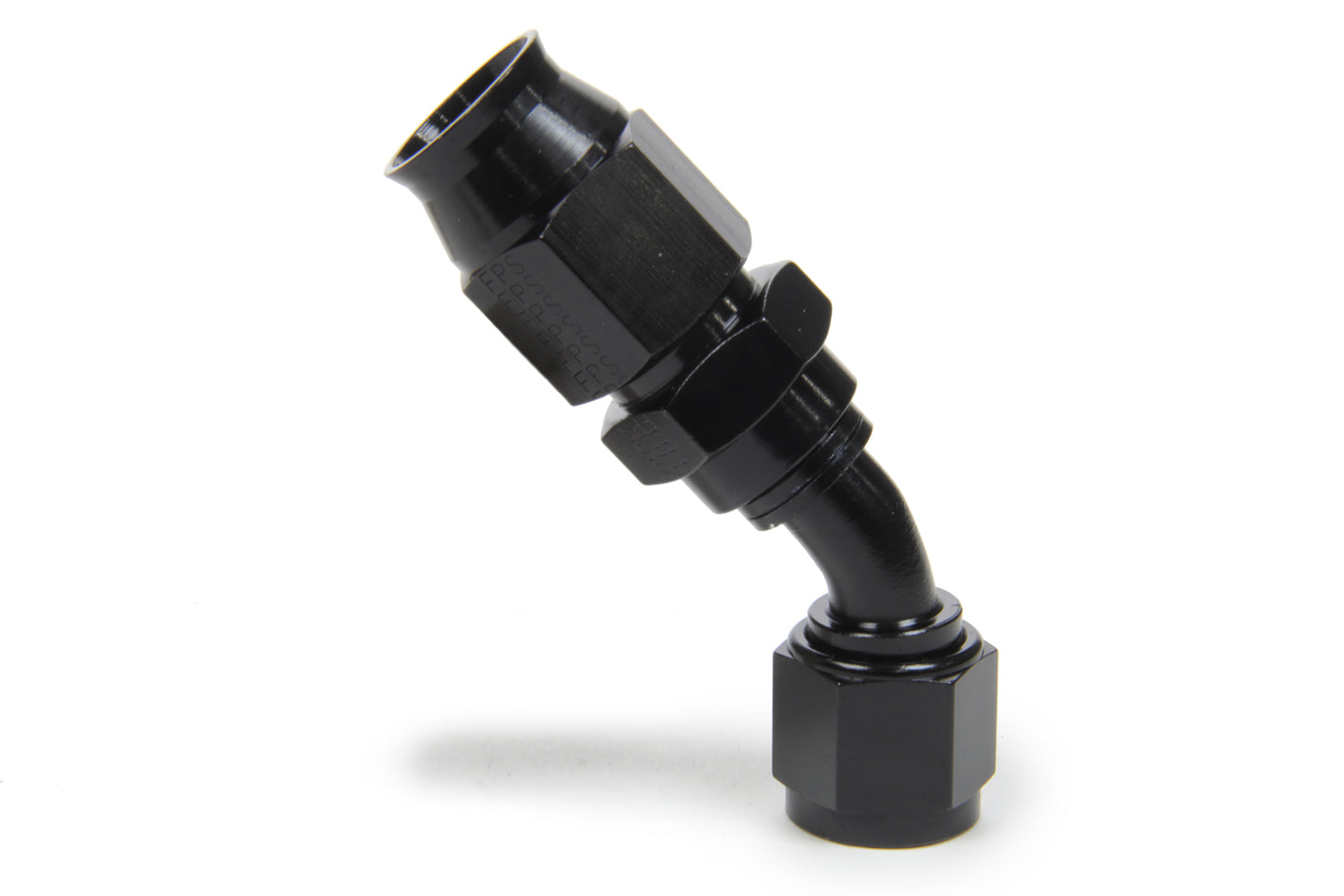 Fitting - Hose End - Race-Rite - PTFE Hose - 45 Degree - 8 AN Hose to 8 AN Female - Swivel - Aluminum - Black Anodized - Each