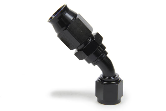 Fitting - Hose End - Race-Rite - PTFE Hose - 45 Degree - 8 AN Hose to 8 AN Female - Swivel - Aluminum - Black Anodized - Each