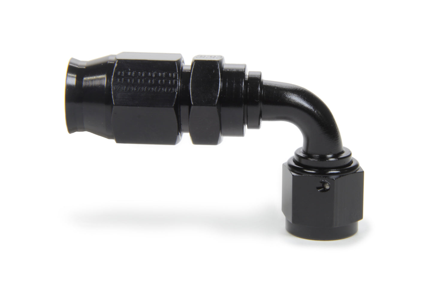 Fitting - Hose End - Race-Rite - PTFE Hose - 90 Degree - 8 AN Hose to 8 AN Female - Swivel - Aluminum - Black Anodized - Each