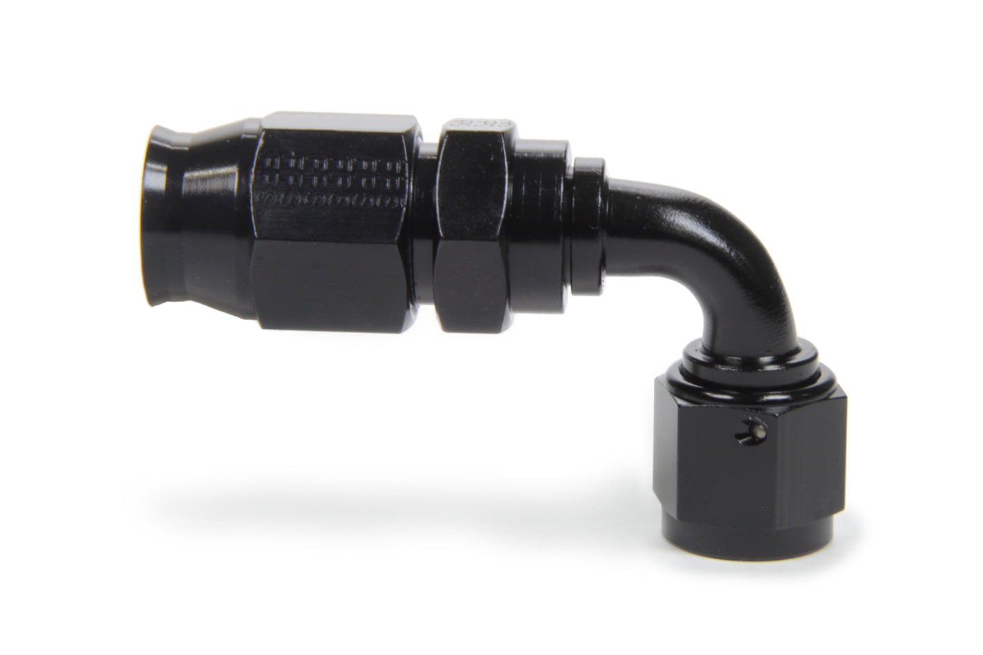 Fitting - Hose End - Race-Rite - PTFE Hose - 90 Degree - 10 AN Hose to 10 AN Female - Swivel - Aluminum - Black Anodized - Each