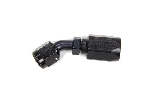 Fitting - Hose End - Power Steering - 45 Degree - 6 AN Hose to 6 AN Female Swivel - Aluminum - Black Anodized - Each
