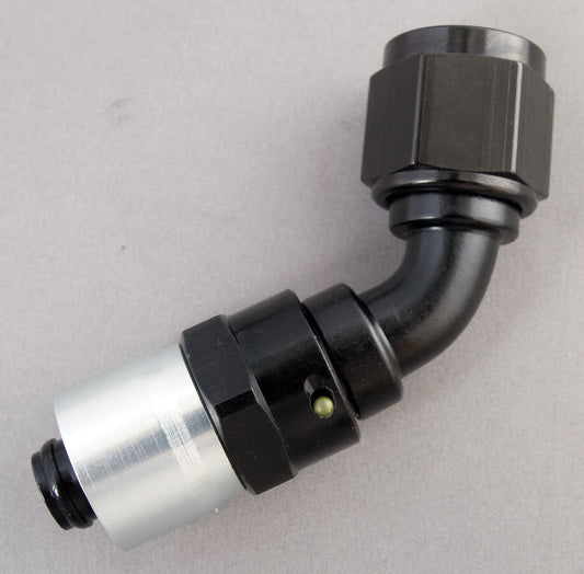 Fitting - Hose End - Sport-Crimp - 45 Degree - 6 AN Hose to 6 AN Female - Aluminum - Black / Silver Anodized - Each