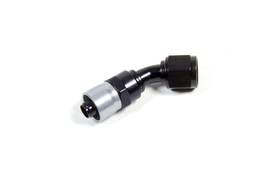 Fitting - Hose End - Sport-Crimp - 45 Degree - 8 AN Hose to 8 AN Female - Aluminum - Black / Silver Anodized - Each