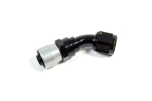 Fitting - Hose End - Sport-Crimp - 45 Degree - 10 AN Hose to 10 AN Female - Aluminum - Black / Silver Anodized - Each