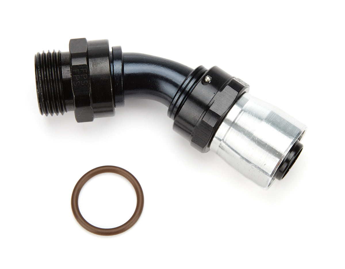 Fitting - Hose End - Sport Crimp - 45 Degree - 12 AN Male O-Ring to 12 AN Hose - Aluminum - Black / Silver Anodized - Each