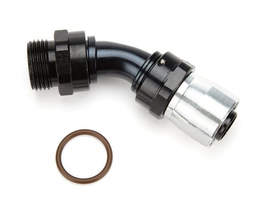 Fitting - Hose End - Sport Crimp - 45 Degree - 12 AN Male O-Ring to 12 AN Hose - Aluminum - Black / Silver Anodized - Each
