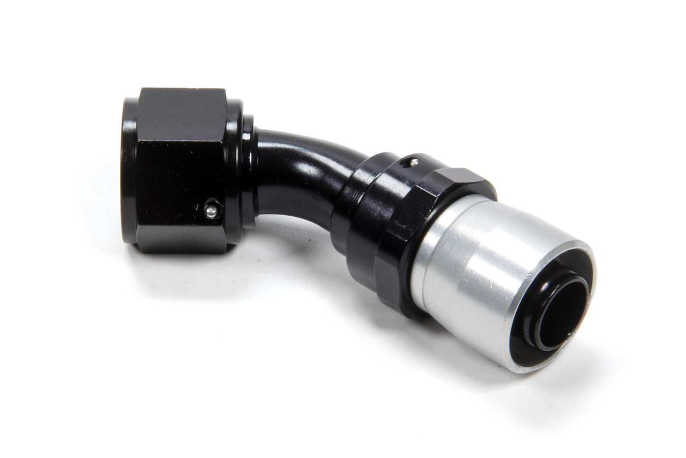 Fitting - Hose End - Sport-Crimp - 45 Degree - 12 AN Hose to 12 AN Female - Aluminum - Black / Silver Anodized - Each