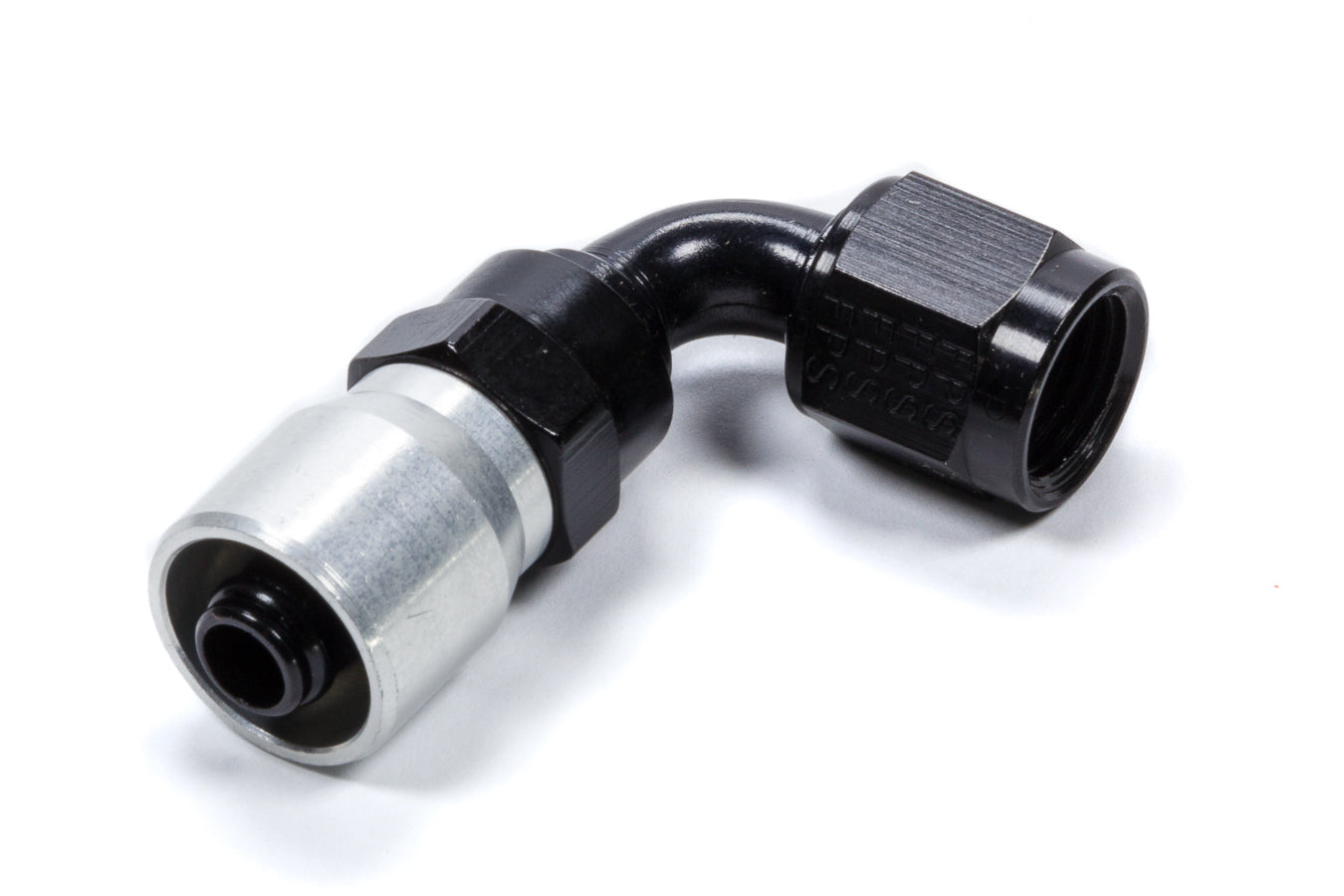 Fitting - Hose End - Sport-Crimp - 90 Degree - 6 AN Hose Barb to 6 AN Female - Swivel - Black / Clear Anodized - Each