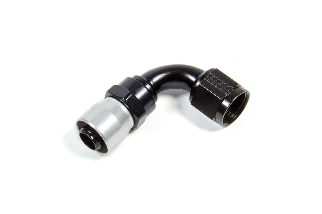Fitting - Hose End - Sport-Crimp - 90 Degree - 10 AN Hose to 10 AN Female - Aluminum - Black / Silver Anodized - Each