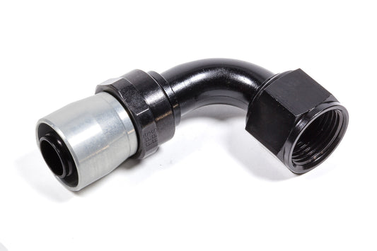 Fitting - Hose End - Sport-Crimp - 90 Degree - 12 AN Hose Barb to 12 AN Female - Swivel - Black / Clear Anodized - Each