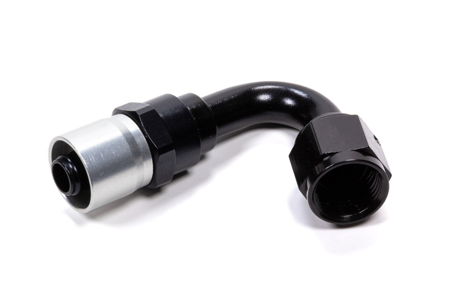 Fitting - Hose End - Sport-Crimp - 120 Degree - 8 AN Hose to 8 AN Female - Aluminum - Black / Silver Anodized - Each