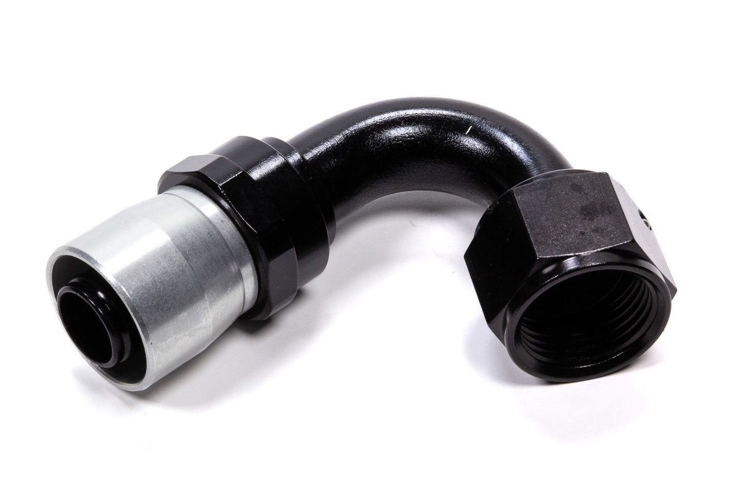 Fitting - Hose End - Sport-Crimp - 120 Degree - 12 AN Hose to 12 AN Female - Aluminum - Black / Silver Anodized - Each