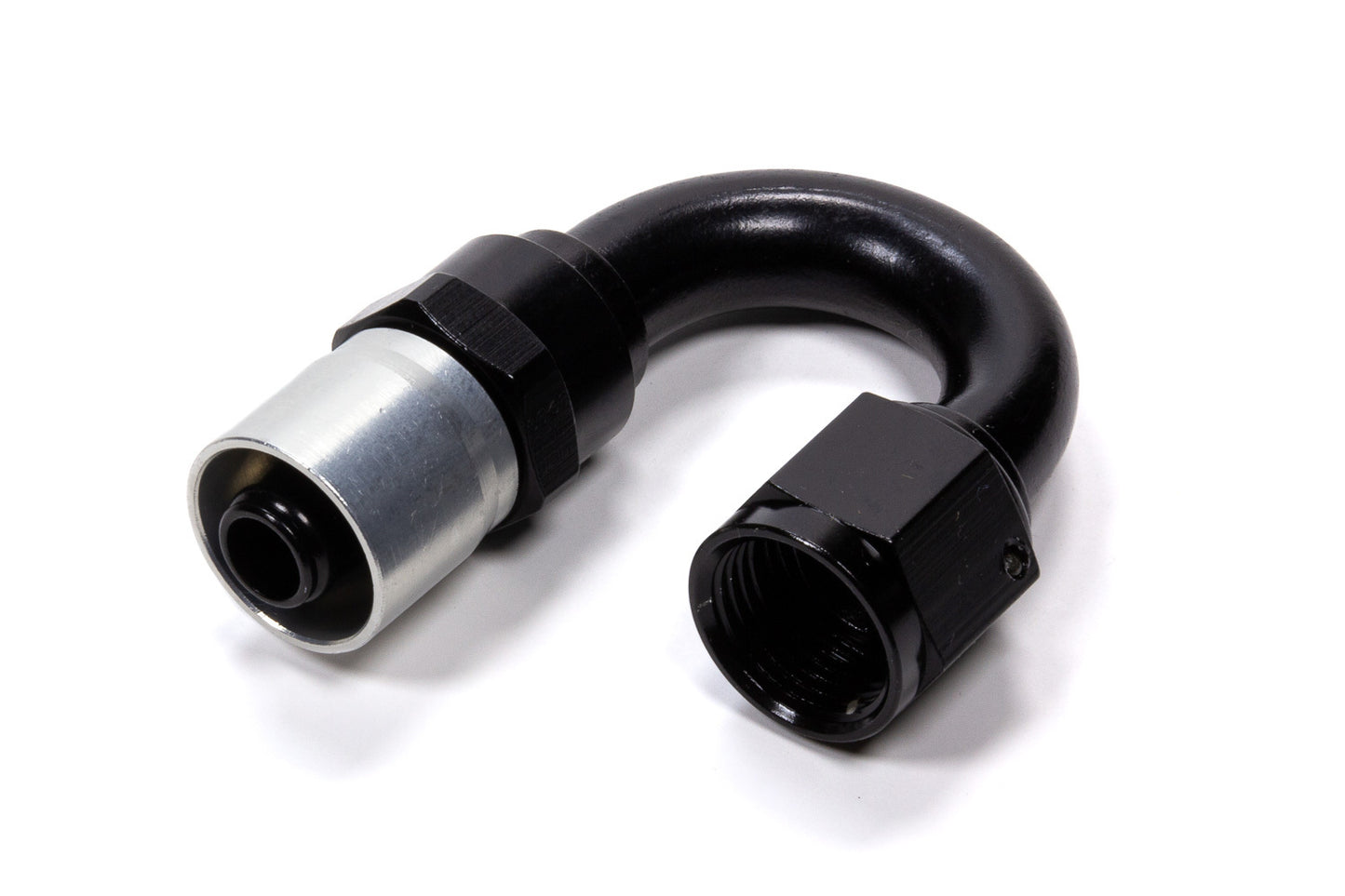 Fitting - Hose End - Sport-Crimp - 180 Degree - 6 AN Hose to 6 AN Female - Aluminum - Black / Silver Anodized - Each