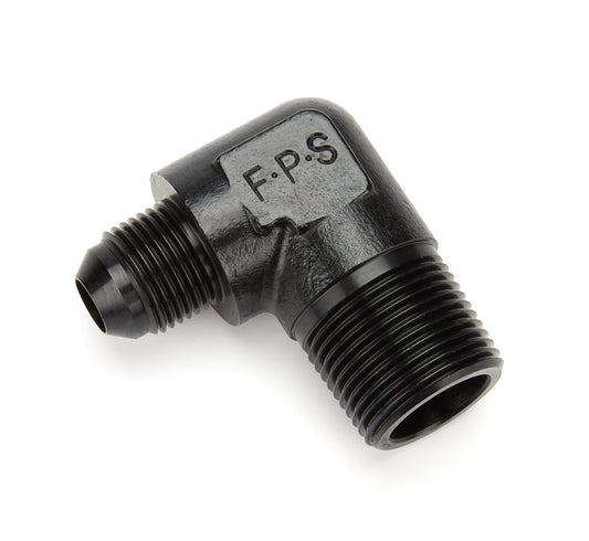 Fitting - Adapter - 90 Degree - 8 AN Male to 3/4 in NPT Male - Aluminum - Black Anodized - Each