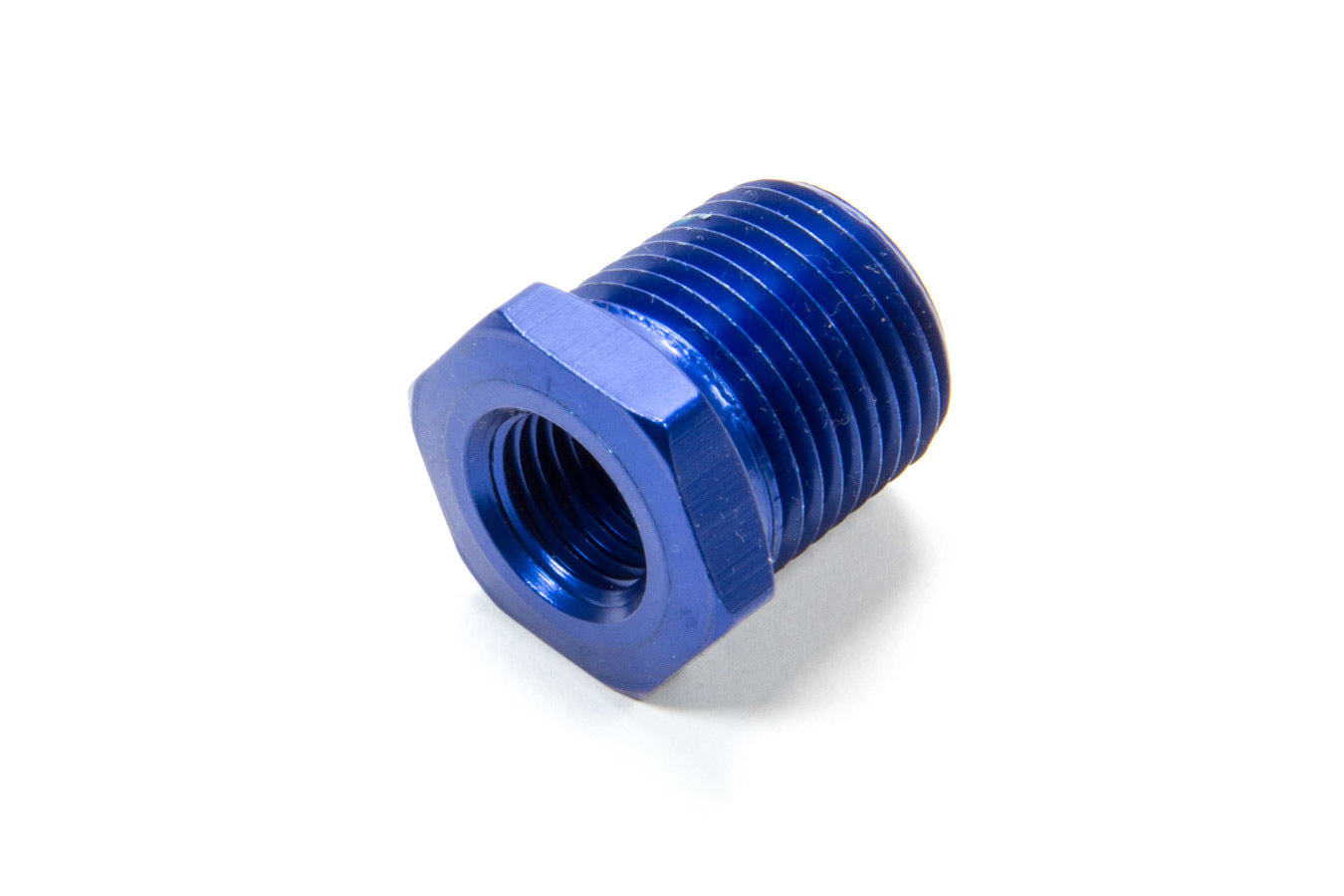 Fitting - Bushing - 1/4 in NPT Female to 1/2 in NPT Male - Aluminum - Blue Anodized - Each