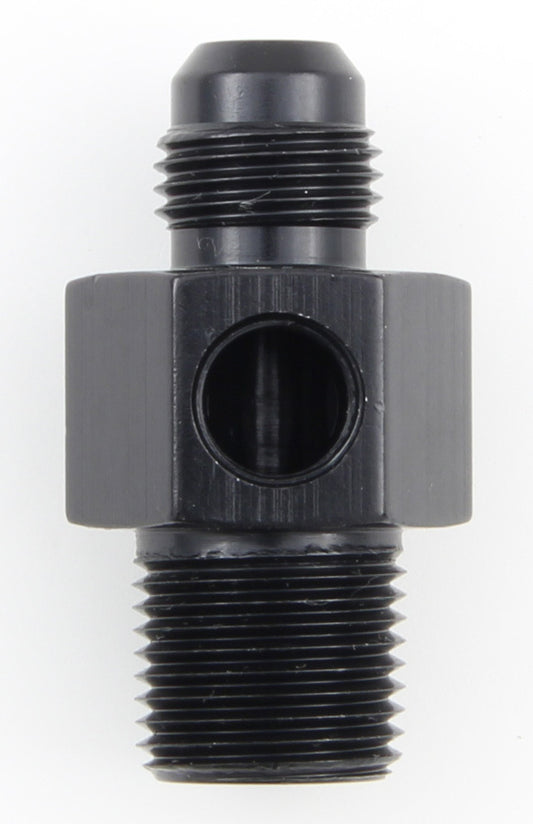 Fitting - Gauge Adapter - Straight - 6 AN Male to 3/8 in NPT Male - 1/8 in NPT Gauge Port - Aluminum - Black Anodized - Each