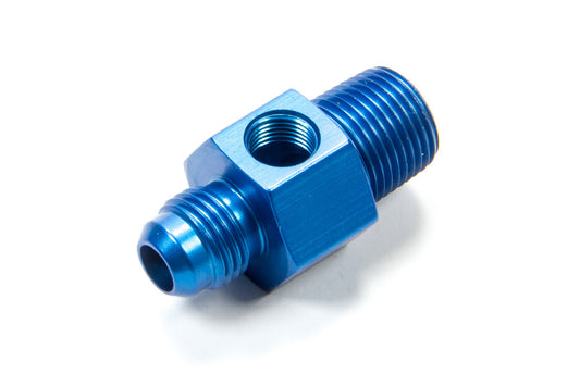 Fitting - Gauge Adapter - Straight - 6 AN Male to 3/8 in NPT Male - 1/8 in NPT Gauge Port - Aluminum - Blue Anodized - Each