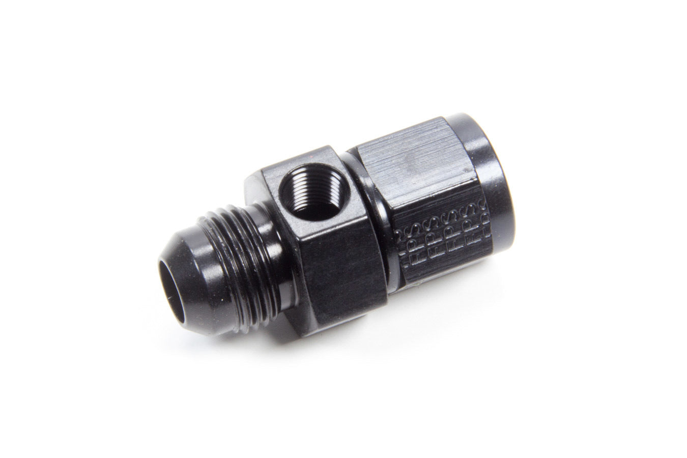 Fitting - Gauge Adapter - Straight - 8 AN Female to 8 AN Male - 1/8 in NPT Gauge Port - Aluminum - Black Anodized - Each