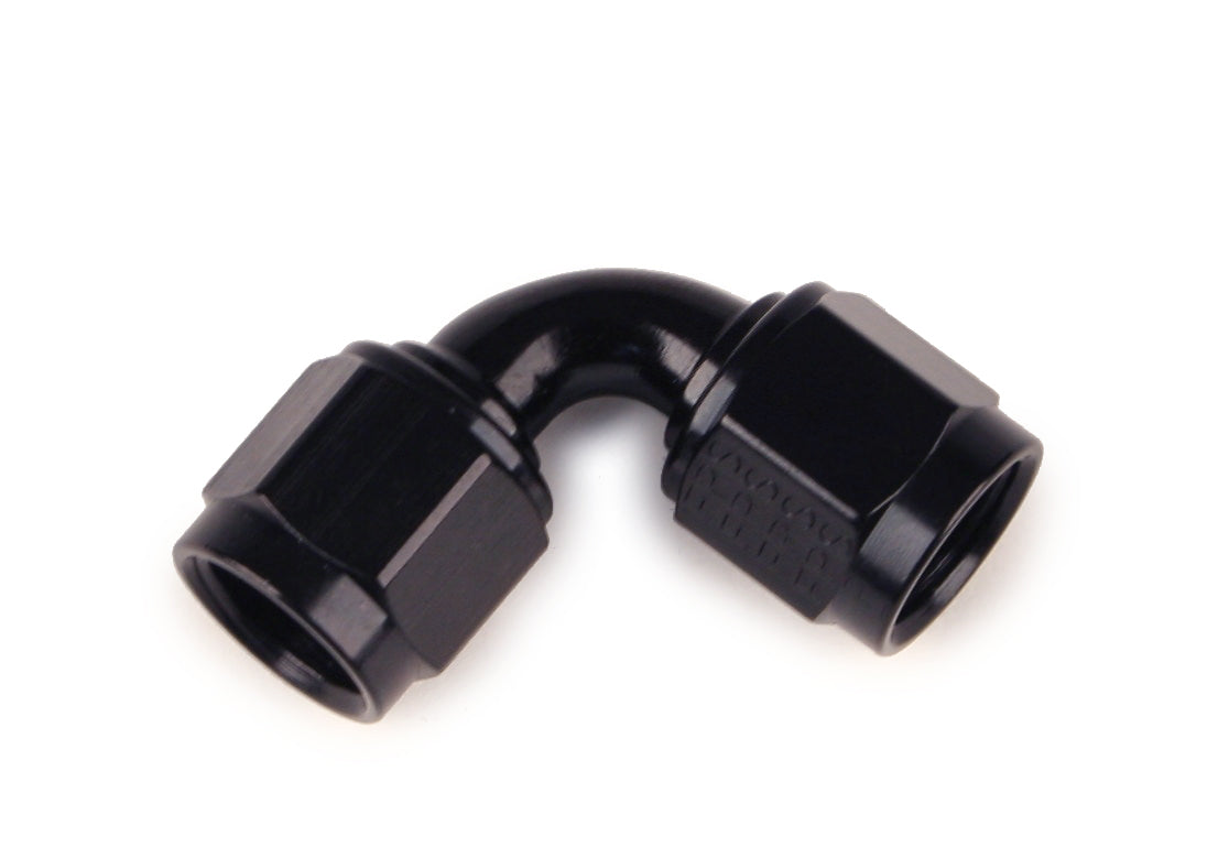 Fitting - Adapter - 90 Degree - 8 AN Female Swivel to 8 AN Female Swivel - Aluminum - Black Anodized - Each