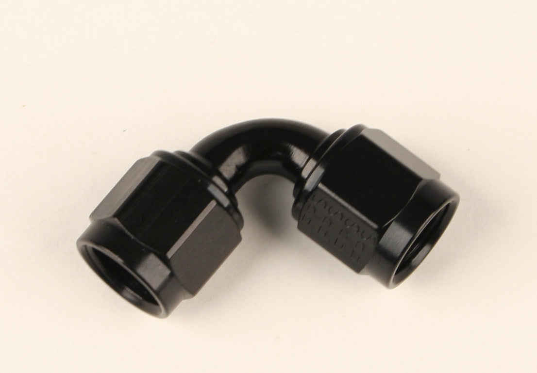Fitting - Adapter - 90 Degree - 12 AN Female Swivel to 12 AN Female Swivel - Aluminum - Black Anodized - Each