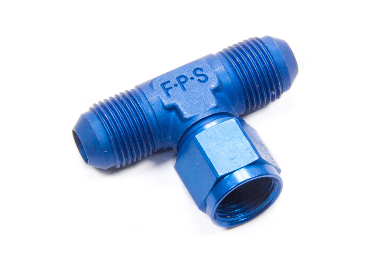 Fitting - Adapter Tee - 8 AN Female Swivel x 8 AN Male x 8 AN Male - Aluminum - Blue Anodized - Each
