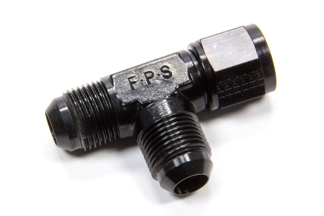 Fitting - Adapter Tee - 10 AN Female Swivel x 10 AN Male x 10 AN Male - Aluminum - Black Anodized - Each
