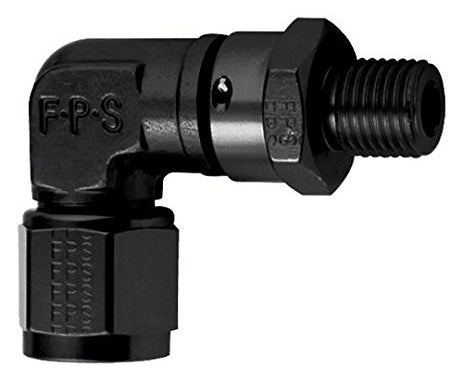 Fitting - Adapter - 90 Degree - 6 AN Female Swivel to 6 AN Male O-Ring - Aluminum - Black Anodized - Each