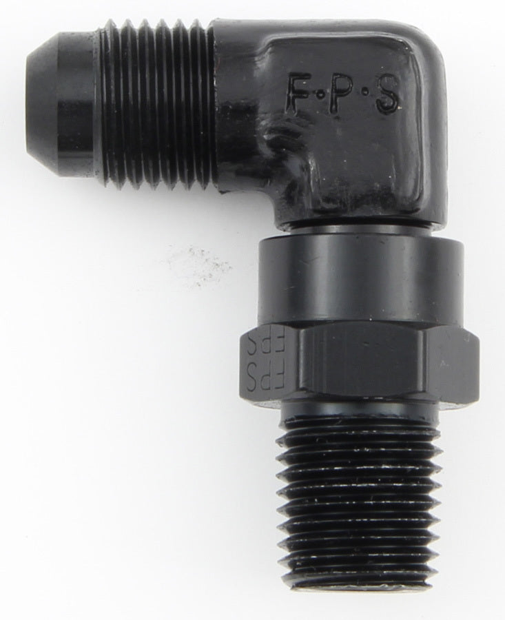 Fitting - Adapter - 90 Degree - 6 AN Male to 1/4 in NPT Male Swivel - Aluminum - Black Anodized - Each