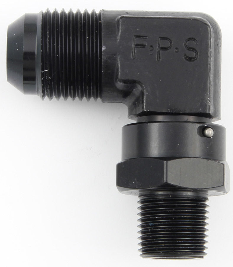 Fitting - Adapter - 90 Degree - 8 AN Male to 1/4 in NPT Male Swivel - Aluminum - Black Anodized - Each