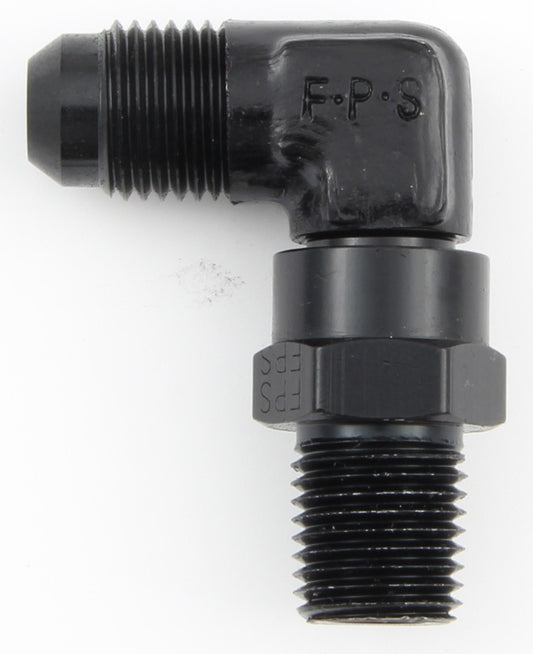 Fitting - Adapter - 90 Degree - 10 AN Male to 1/2 in NPT Male Swivel - Aluminum - Black Anodized - Each
