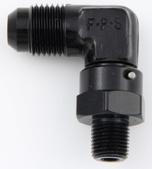 Fitting - Adapter - 90 Degree - 6 AN Male to 1/8 in NPT Male Swivel - Aluminum - Black Anodized - Each