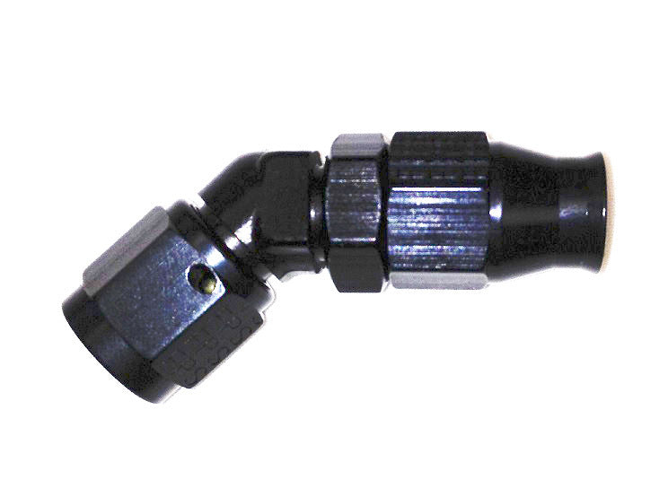 Fitting - Hose End - Real Street - PTFE Hose - 45 Degree - 12 AN Hose to 12 AN Female - Aluminum - Black Anodized - Each