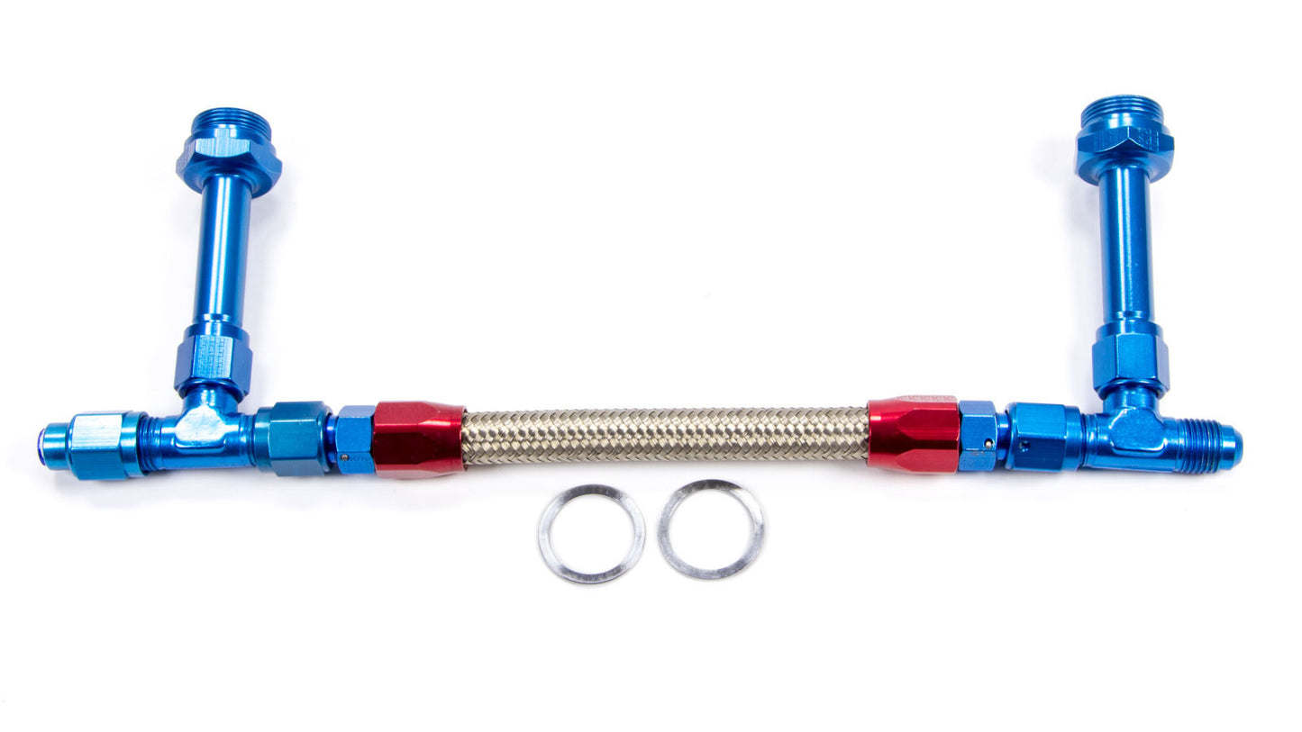 Carburetor Fuel Line - 6 AN Single Male Inlet - 7/8-20 in Dual Outlets - Braided Stainless Hose - Blue / Silver - Holley 4150 - Kit