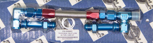 Carburetor Fuel Line - 8 AN Single Male Inlet - 7/8-20 in Dual Outlets - Braided Stainless Hose - Blue / Silver - Holley 4150 - Kit