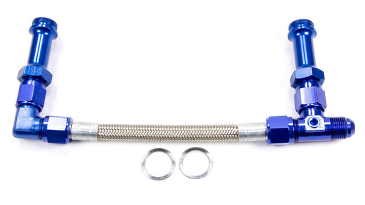 Carburetor Fuel Line - 8 AN Single Male Inlet - 7/8-20 in Dual Outlets - Braided Stainless Hose - Blue / Silver - Holley 4150 - Kit