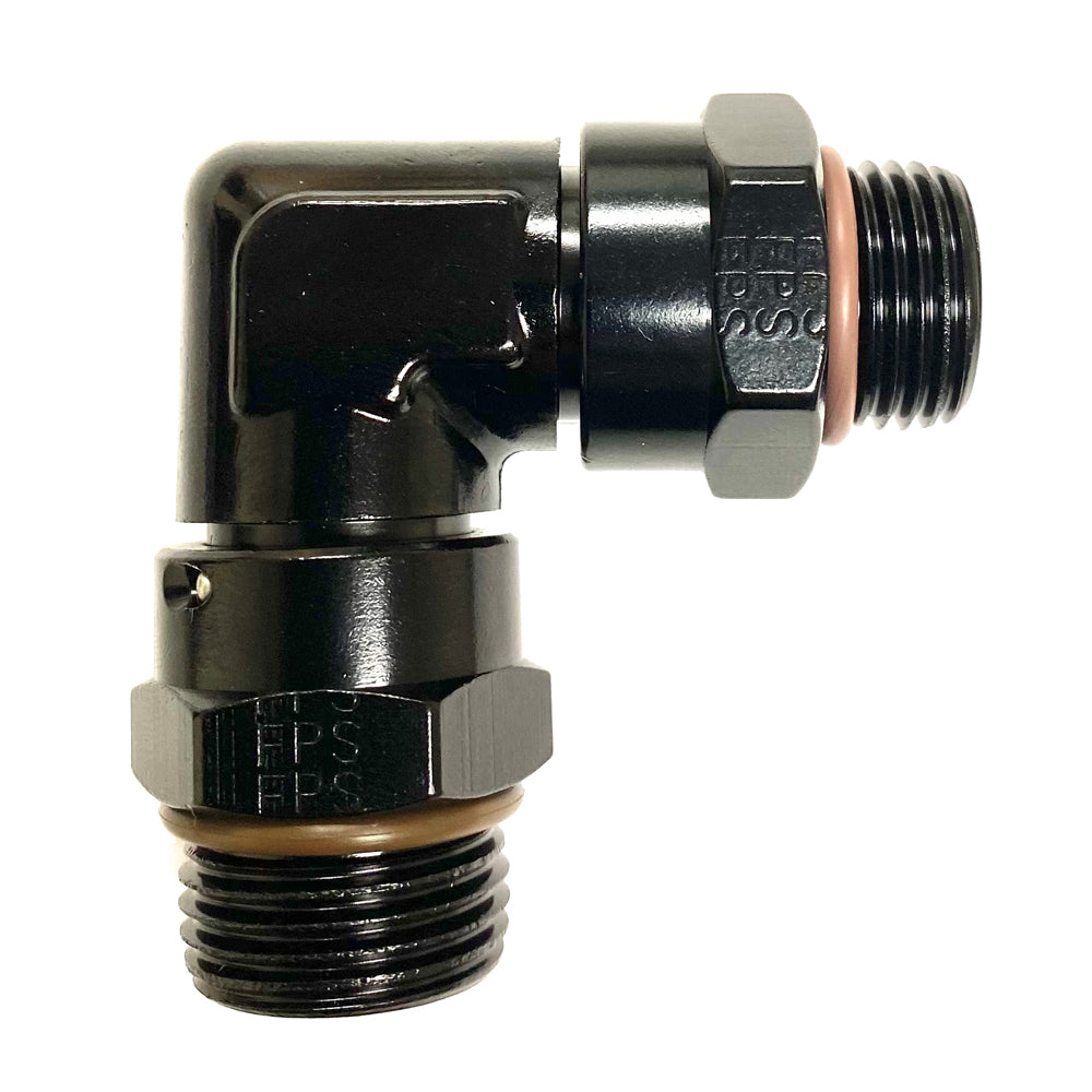 Fitting - Adapter - 90 Degree - 6 AN Male O-Ring Swivel to 6 AN Male O-Ring Swivel - Aluminum - Black Anodized - Each
